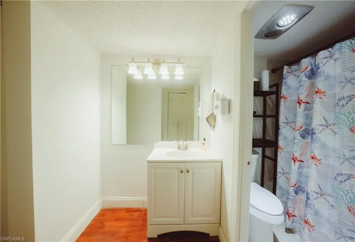 Bathroom with vanity, a textured ceiling, light wood finished floors, and curtained shower