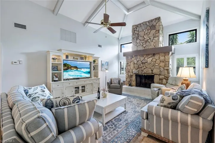 New Furnishings Complement the Massive Georgia Stone Wood Burning Fireplace
