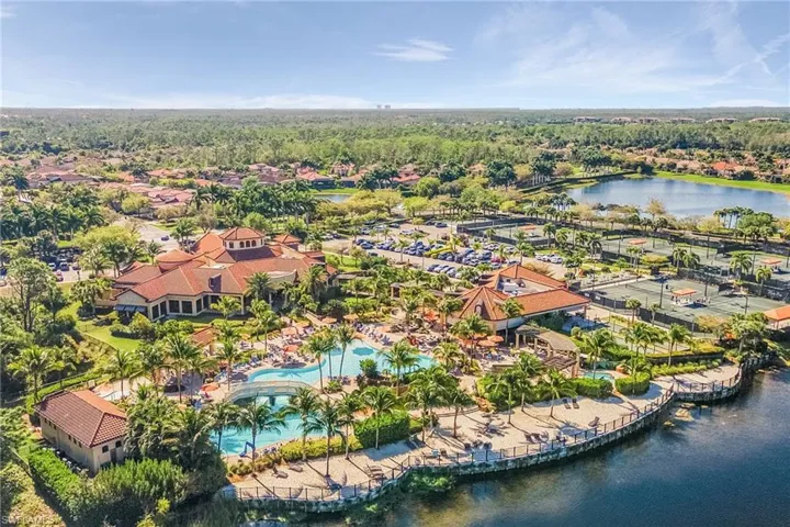 Aerial perspective of suburban area featuring a nearby body of water and a pool