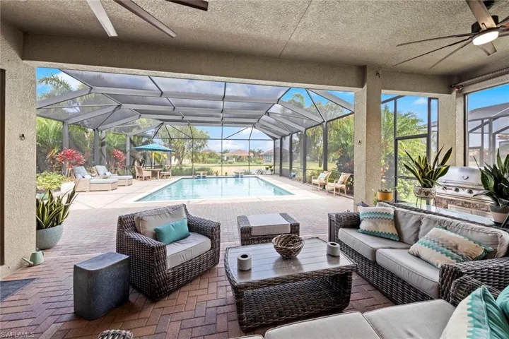 Pool featuring a patio, outdoor lounge area, a ceiling fan, a grill, and a lanai