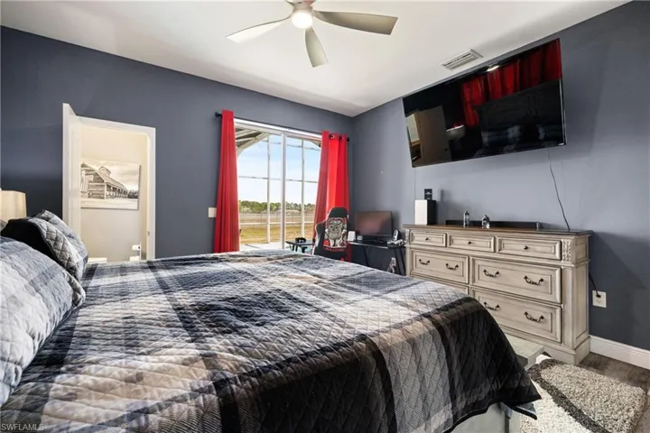 Bedroom with wood finished floors and ceiling fan