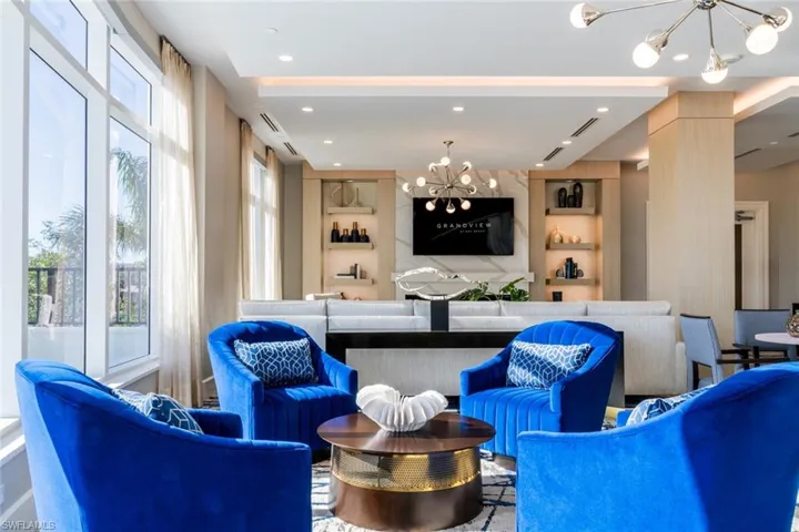 Located in the "EL" is the elegant social room seating area , designer furnishings and inviting ambiance for residents and guests.