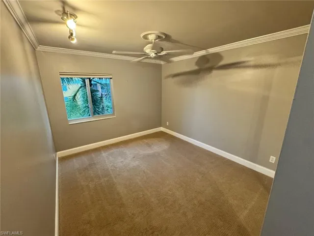 Unfurnished room featuring ornamental molding, light carpet, ceiling fan, and track lighting