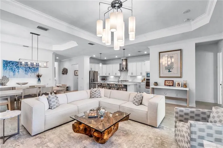 Living room with a tray ceiling, crown molding, and sink