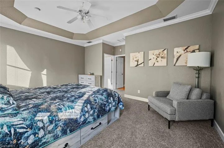 Carpeted bedroom featuring a tray ceiling, ceiling fan, and crown molding
