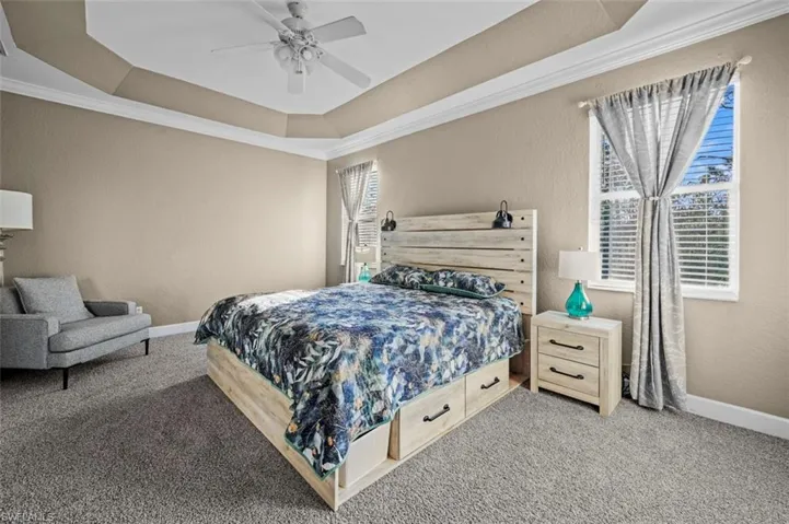Carpeted bedroom featuring multiple windows, a tray ceiling, ceiling fan, and crown molding