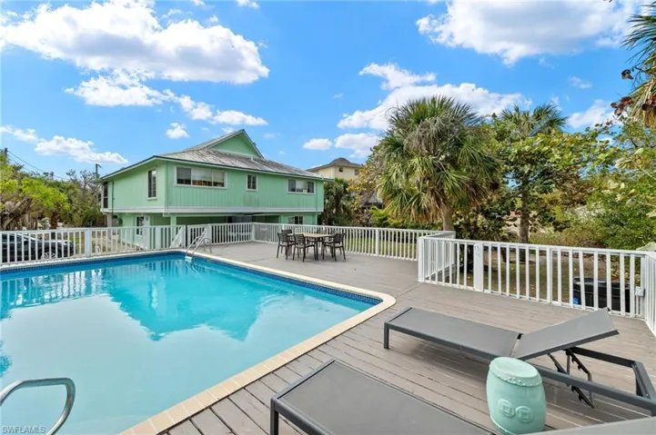 View of pool featuring outdoor dining area, a patio area, and a deck