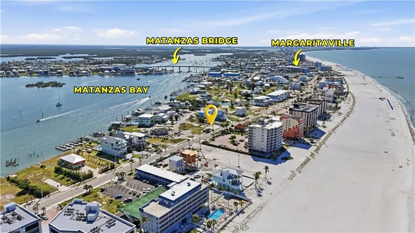 Aerial perspective showcasing beachfront properties, Matanzas Bay, and the Matanzas Bridge - Virtually Edited Image