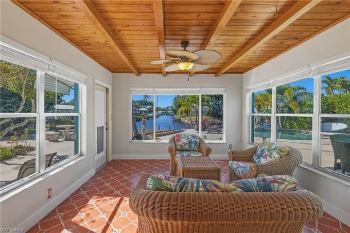 Den or Sunroom with views of the backyard and canals.