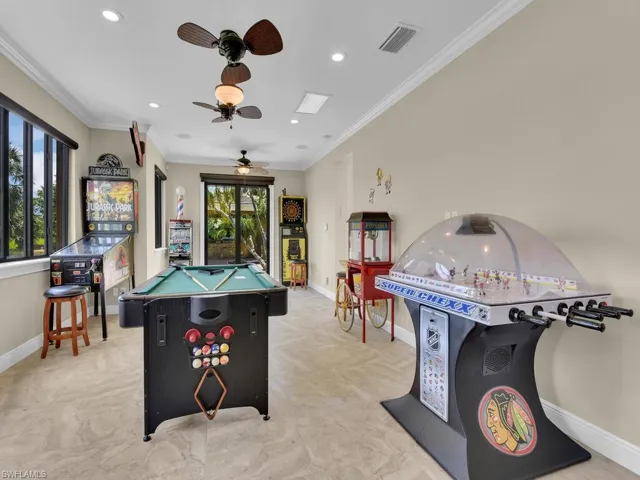 Playroom with billiards, a ceiling fan, baseboards, recessed lighting, and ornamental molding