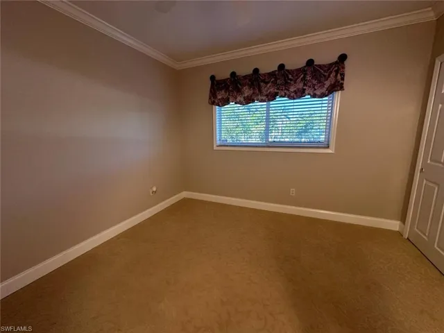 Spare room featuring ornamental molding, carpet flooring, and a ceiling fan