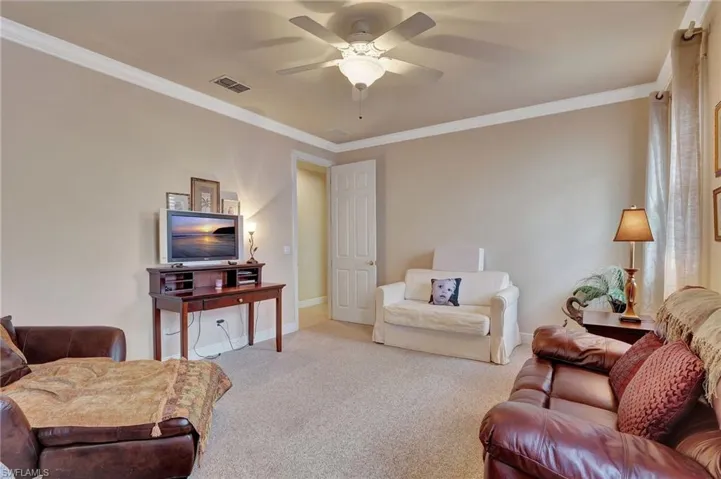 Carpeted living room featuring baseboards, ceiling fan, visible vents, and ornamental molding
