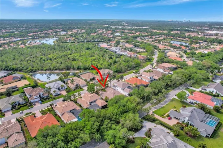 Birds eye view of property with a water view and a residential view