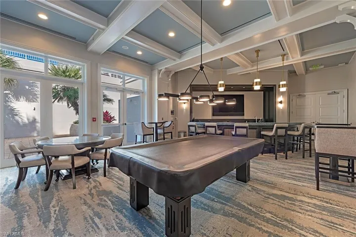 Game room featuring beam ceiling, pool table, coffered ceiling, and recessed lighting