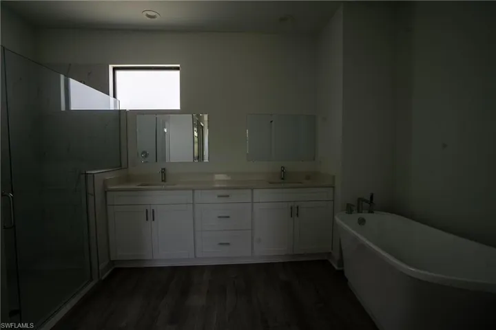 Spacious bathroom featuring a freestanding tub, glass-enclosed shower, dual vanity with white cabinetry, and wood-finish flooring