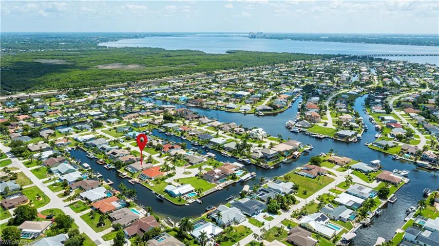Aerial depiction of a waterfront residential area