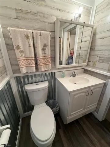 Bathroom with vanity and dark wood-style flooring