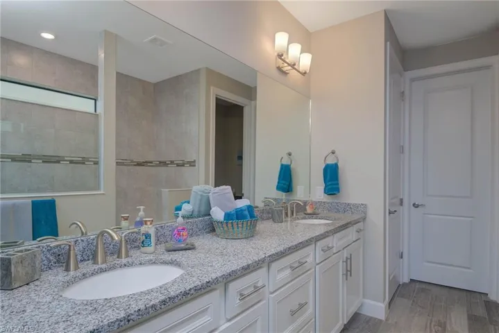 Bathroom with hardwood / wood-style floors and vanity