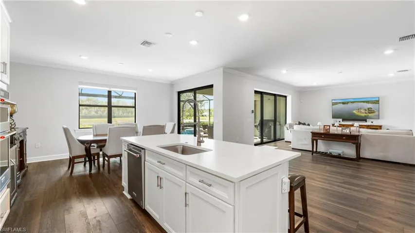 Kitchen, dining and living areas
