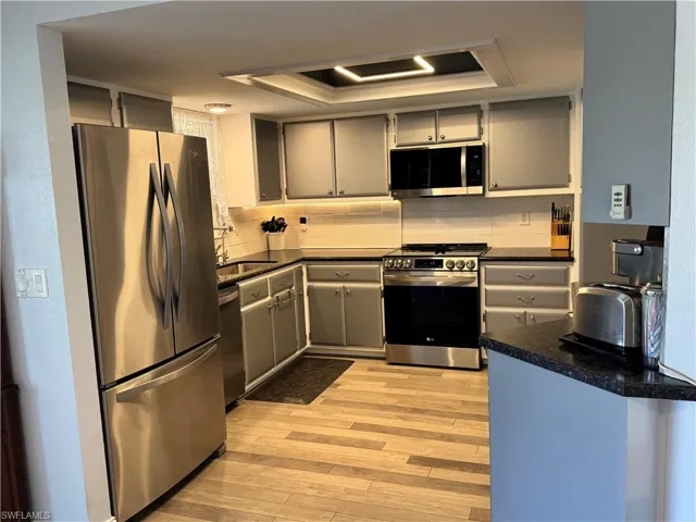 Kitchen featuring light wood-type flooring, gray cabinetry, dark countertops, stainless steel appliances, and a raised ceiling