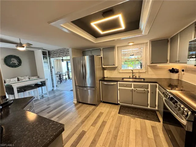 Kitchen with a tray ceiling, light wood-style flooring, gray cabinets, a sink, and stainless steel appliances