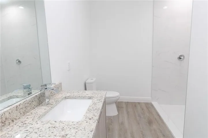 Master bathroom with toilet, vinyl floors, vanity, and a shower