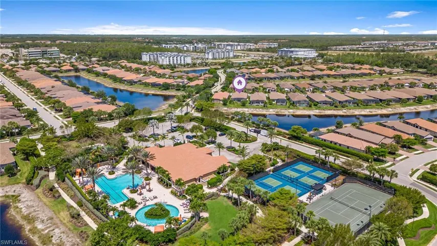 Bird's eye view with a water view and a residential view
