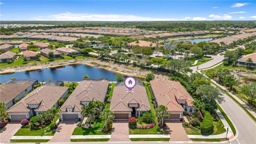 Birds eye view of property with a residential view and a water view