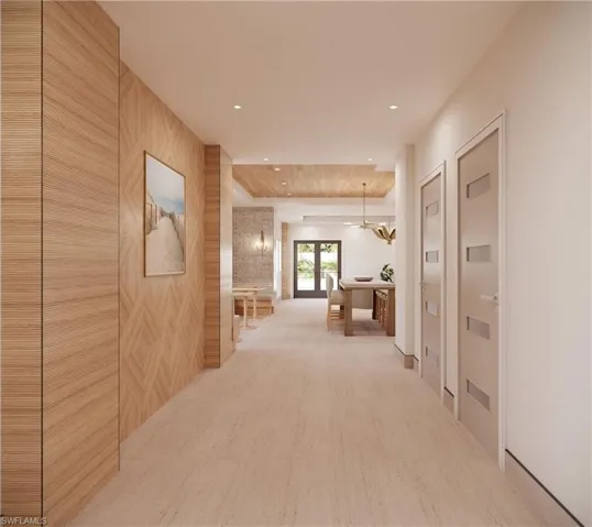 Dining area with light tile patterned flooring, french doors, wine cooler, wooden ceiling, and sink