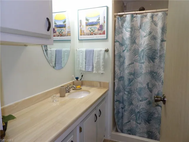 Bathroom with vanity and curtained shower