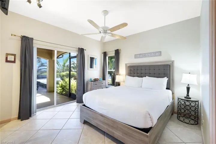 The Guest Bedroom on the ground floor with sliding doors to the pool deck