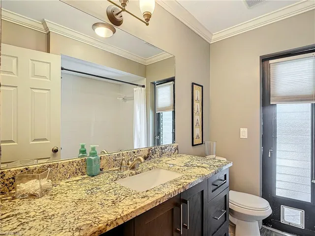 Full bath featuring a shower with shower curtain, vanity, ornamental molding, and a chandelier