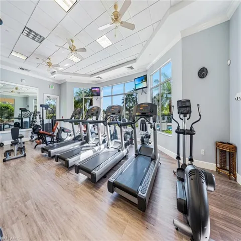Gym featuring ceiling fan and crown molding