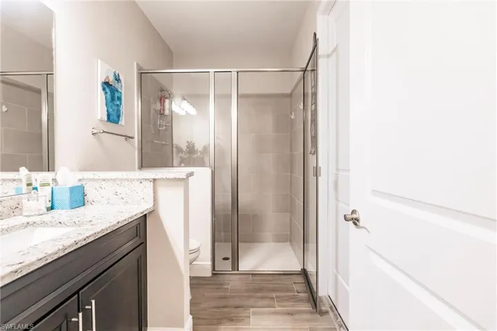 In law suite Bathroom with walk in shower, large vanity, and toilet