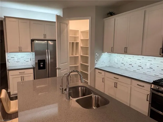 Kitchen pantry and quartz counters.