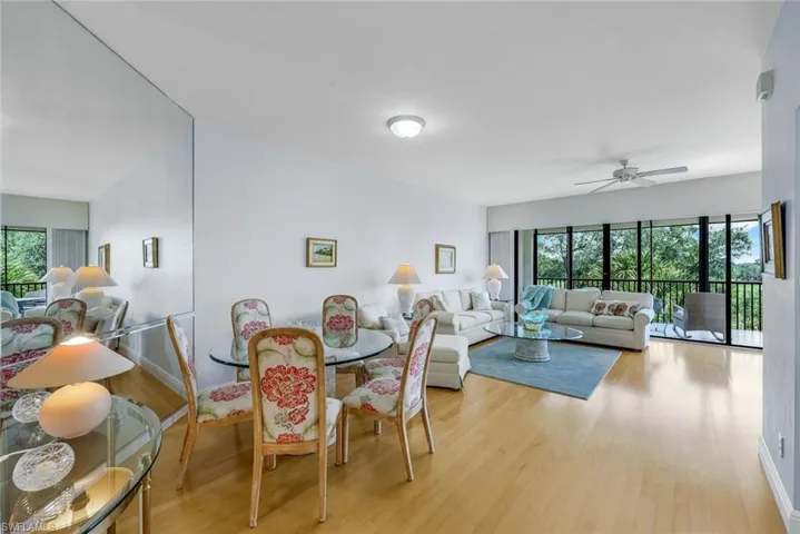 Dining room featuring light wood-style floors and ceiling fan