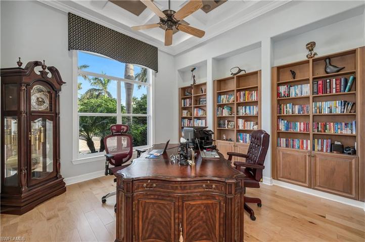 Coffered Ceiling, built-in bookcases and new flooring