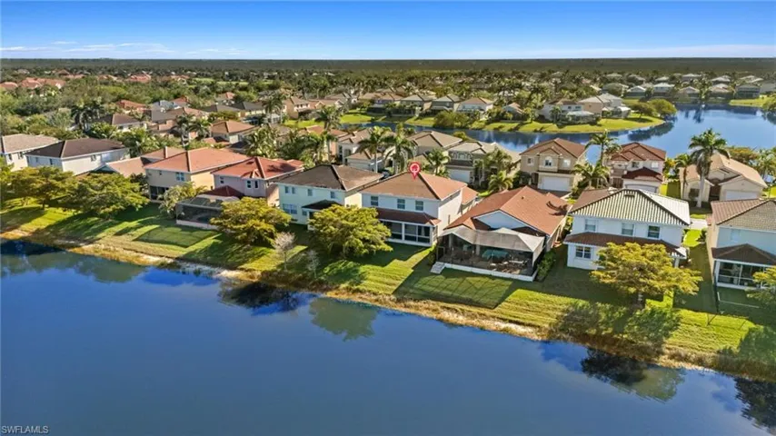 Aerial perspective of suburban area with a large body of water