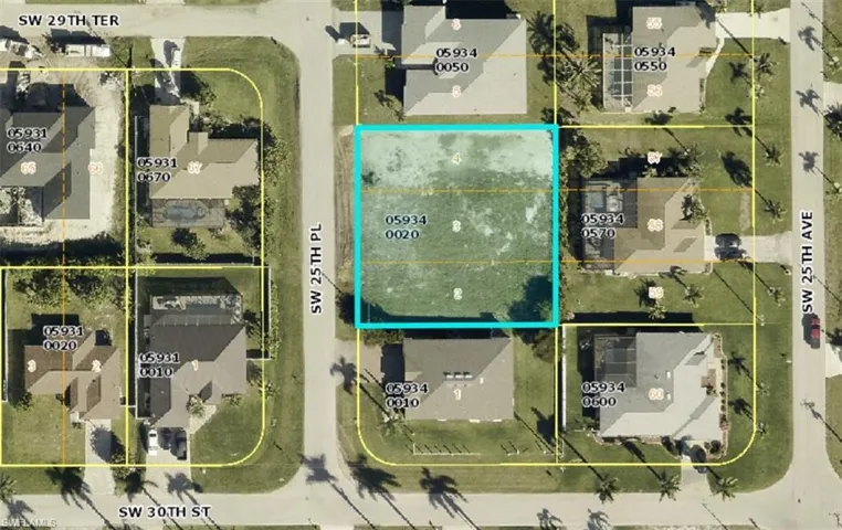 Aerial map of property and surrounding area with property boundaries highlighted