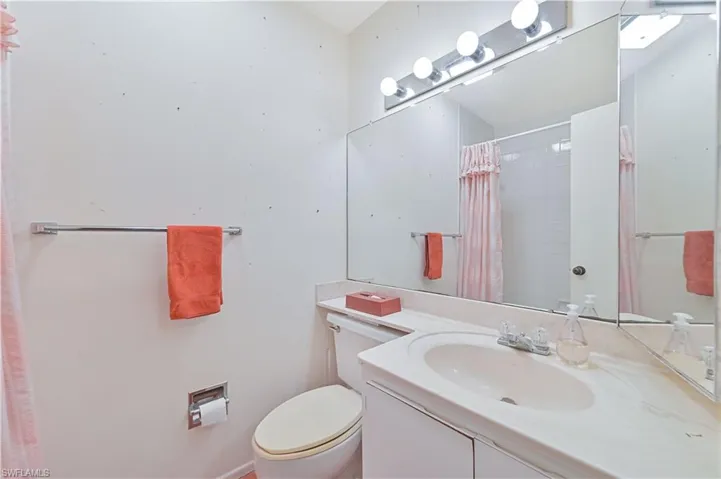 Bathroom with a shower with curtain and vanity