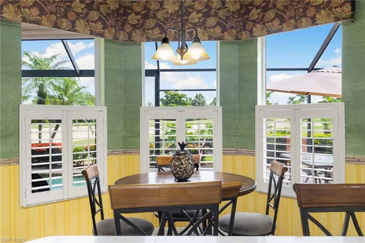 Dining space featuring a chandelier, wainscoting, and healthy amount of natural light, Plantation shutters