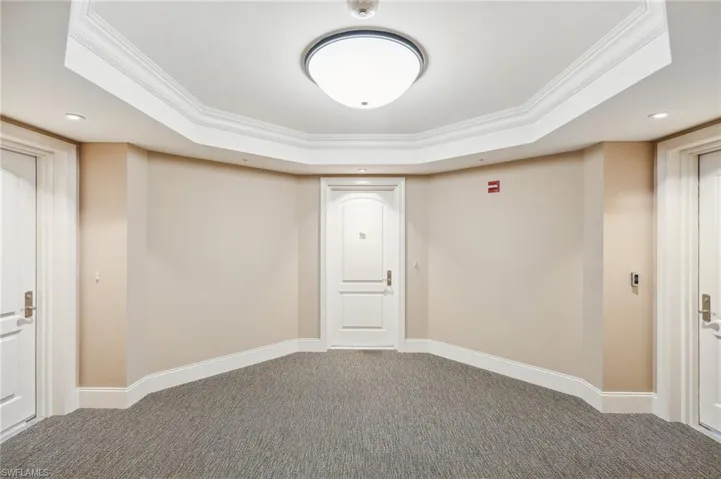 Carpeted spare room featuring ornamental molding and a raised ceiling