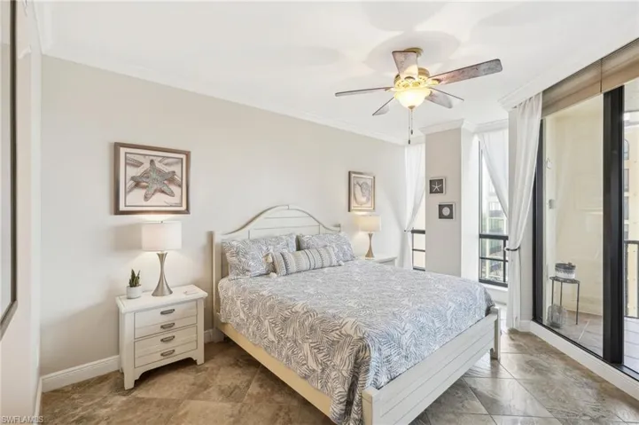 Bedroom with crown molding, access to exterior, and ceiling fan