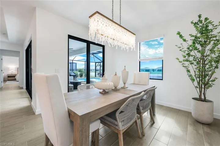 Dining space with a notable chandelier