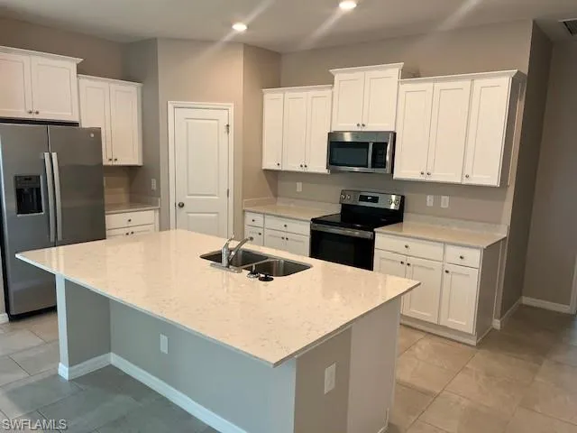 Kitchen featuring appliances with stainless steel finishes, a sink, white cabinets, and recessed lighting