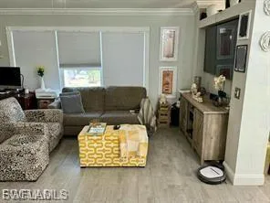 Living area featuring ornamental molding and light wood-style flooring