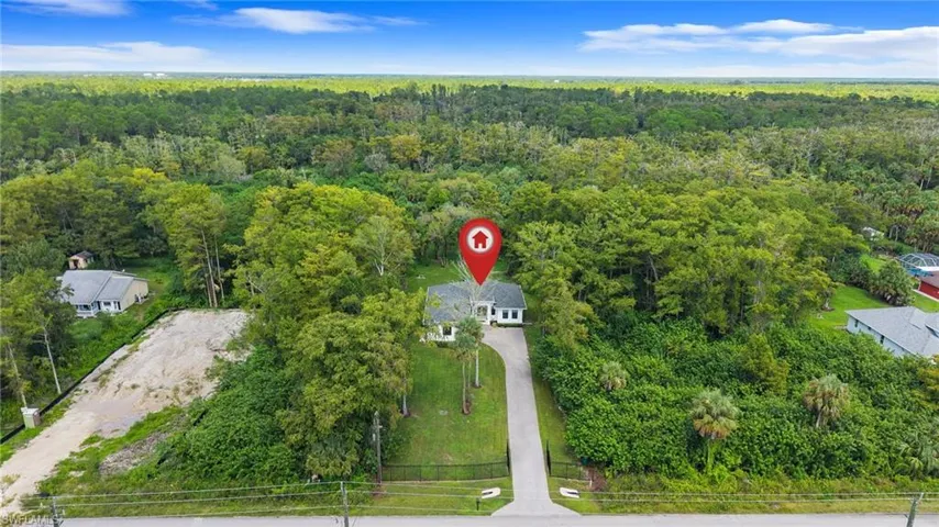 Gated property featuring a long paved driveway, mature trees, and lush surrounding foliage