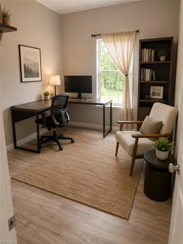 Versatile room featuring light wood-finish flooring, a single window with outdoor greenery, a built-in dark wood bookshelf, and a wall-mounted floating shelf
