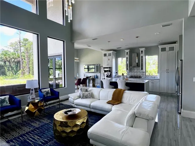 Living area with plenty of natural light and dark wood-type flooring