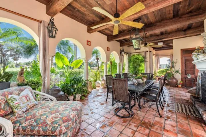 Dining area with outside gas fireplace one of two